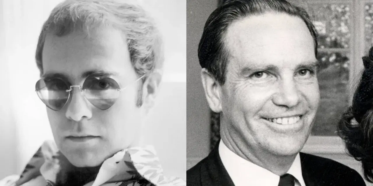 Links: junger Elton John mit Herzbrille. Rechts: Reginald Dwight, Elton Johns echter Name, in Anzug.