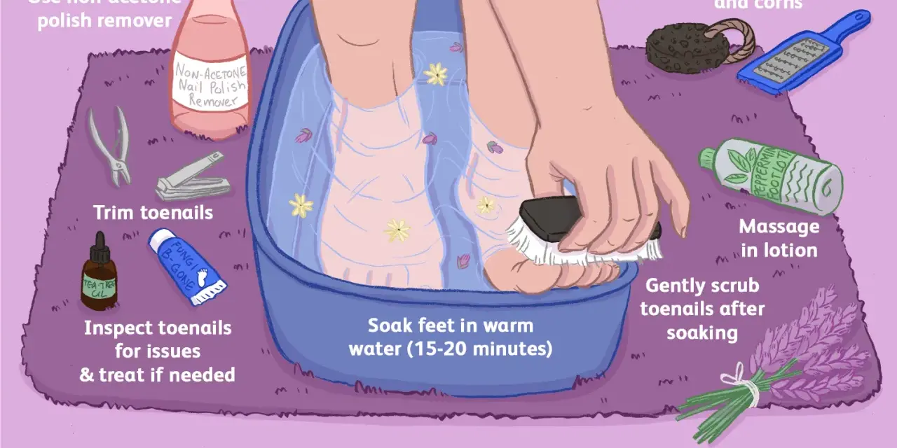 Illustration shows a home pedicure: feet soaking in a blue basin with flowers, nail clippers, polish remover, pumice stone, and lotion.