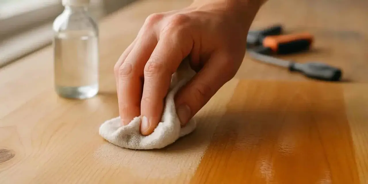 Main d'une personne utilisant un chiffon pour enlever le vernis bois naturellement. Une bouteille de liquide est à côté.