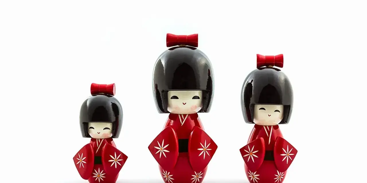 Trzy urocze lalki kokeshi w czerwonych kimonach z białymi wzorami. Idealny pomysł, co przywieźć z Japonii jako pamiątkę.