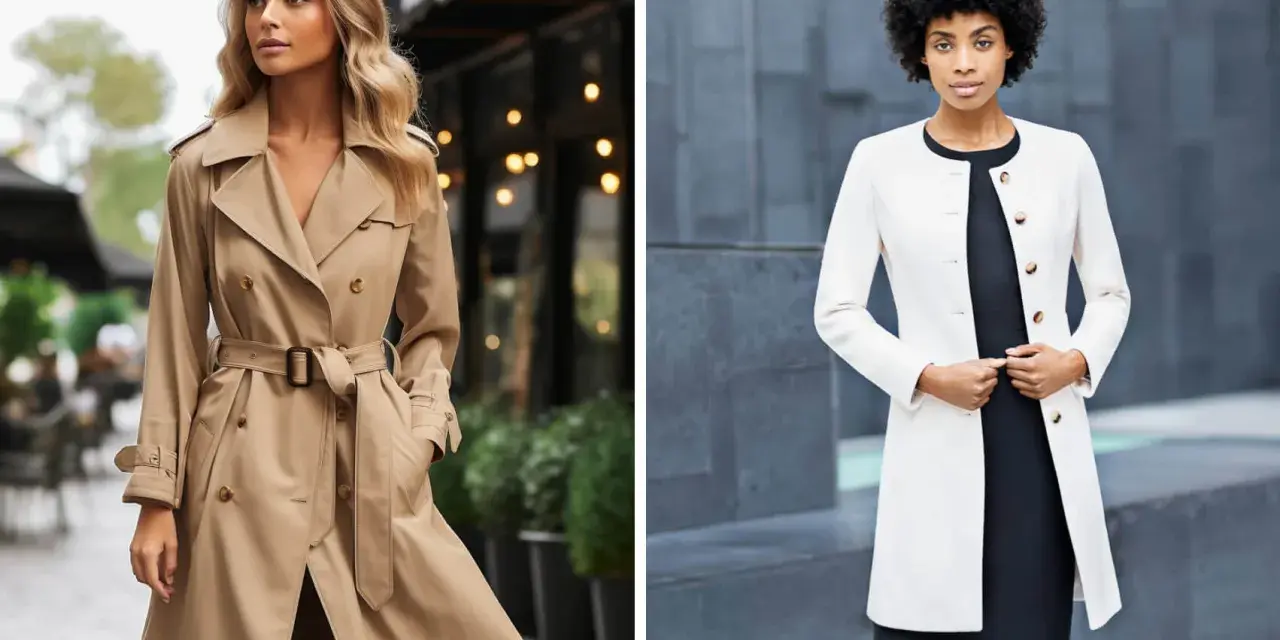 Diferencia entre trench y gabardina: una mujer luce un trench beige clásico, mientras otra lleva una gabardina blanca elegante.