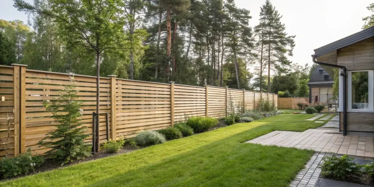 En vacker trädgård med en modern träribbstaket som ramar in gräsmattan och buskar.