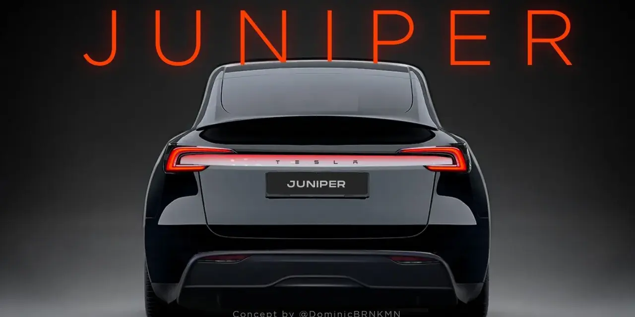Tył czarnego Tesli Model Y Juniper z zapalonymi światłami.