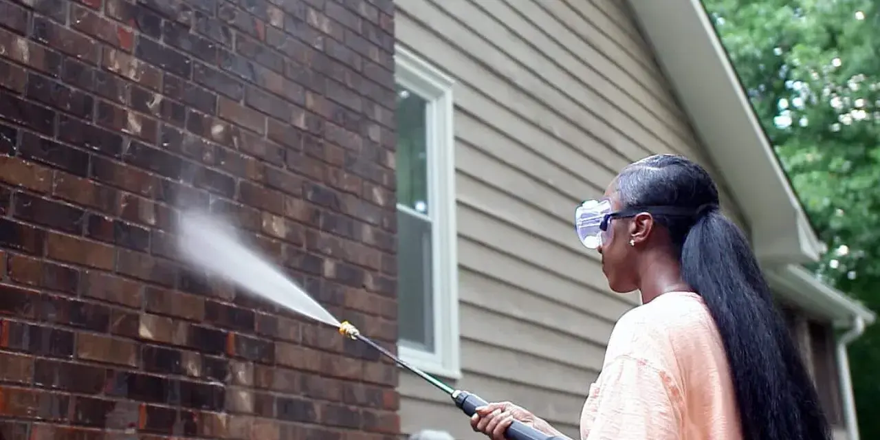Woman pressure washing a dark acid wash brick wall, restoring its natural beauty.