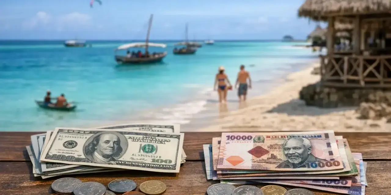 Dolar i szylingi tanzańskie na stole, w tle rajska plaża z łodziami i parą spacerującą po wodzie. Waluta na Zanzibarze.