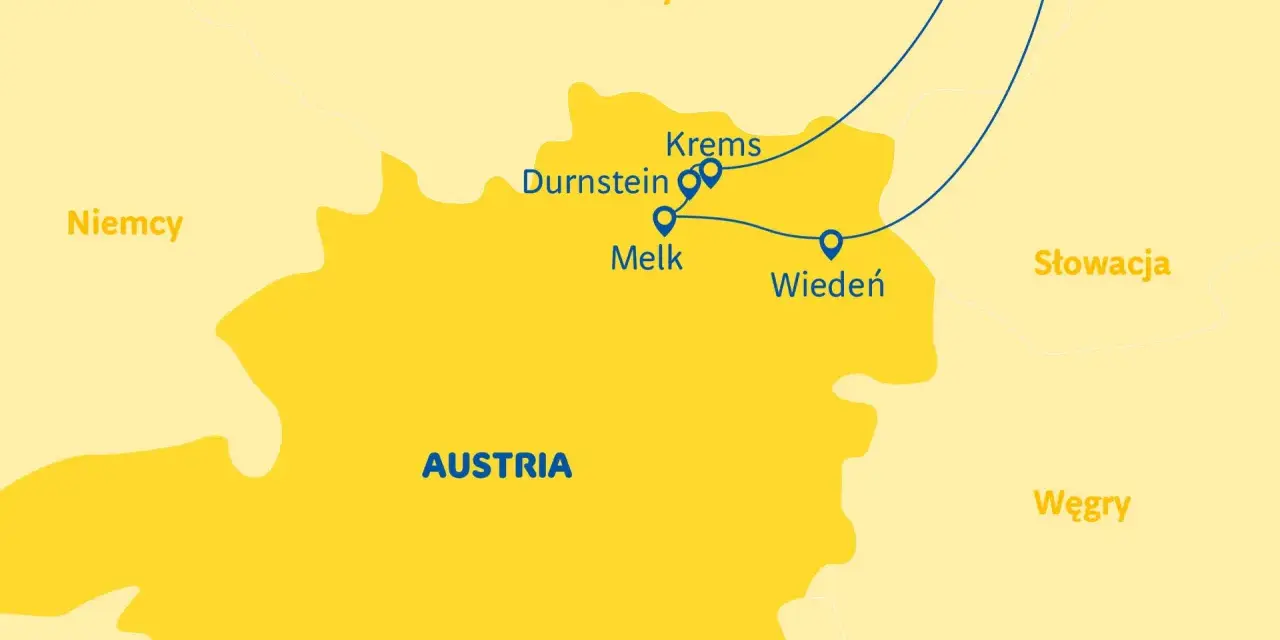 Mapa Austrii z zaznaczonymi miastami: Wiedeń, Melk, Durnstein, Krems. Planujesz podróż? Sprawdź, co zobaczyć w Dolinie Wachau!