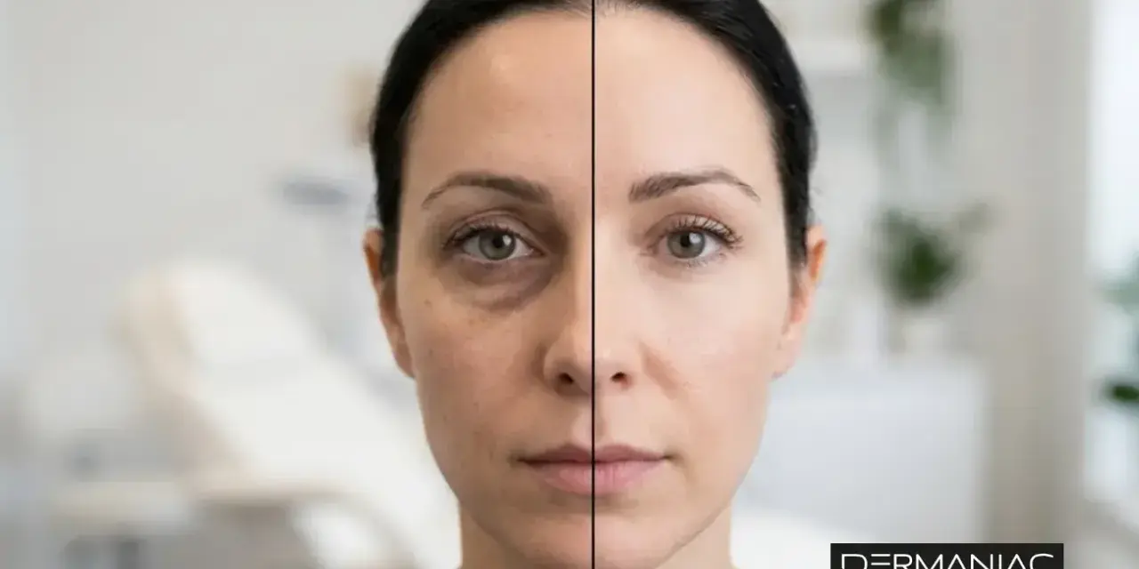 Comparativa antes y después de un relleno de ojeras. La imagen muestra el lado izquierdo con ojeras marcadas y el derecho con la piel visiblemente más lisa y luminosa.