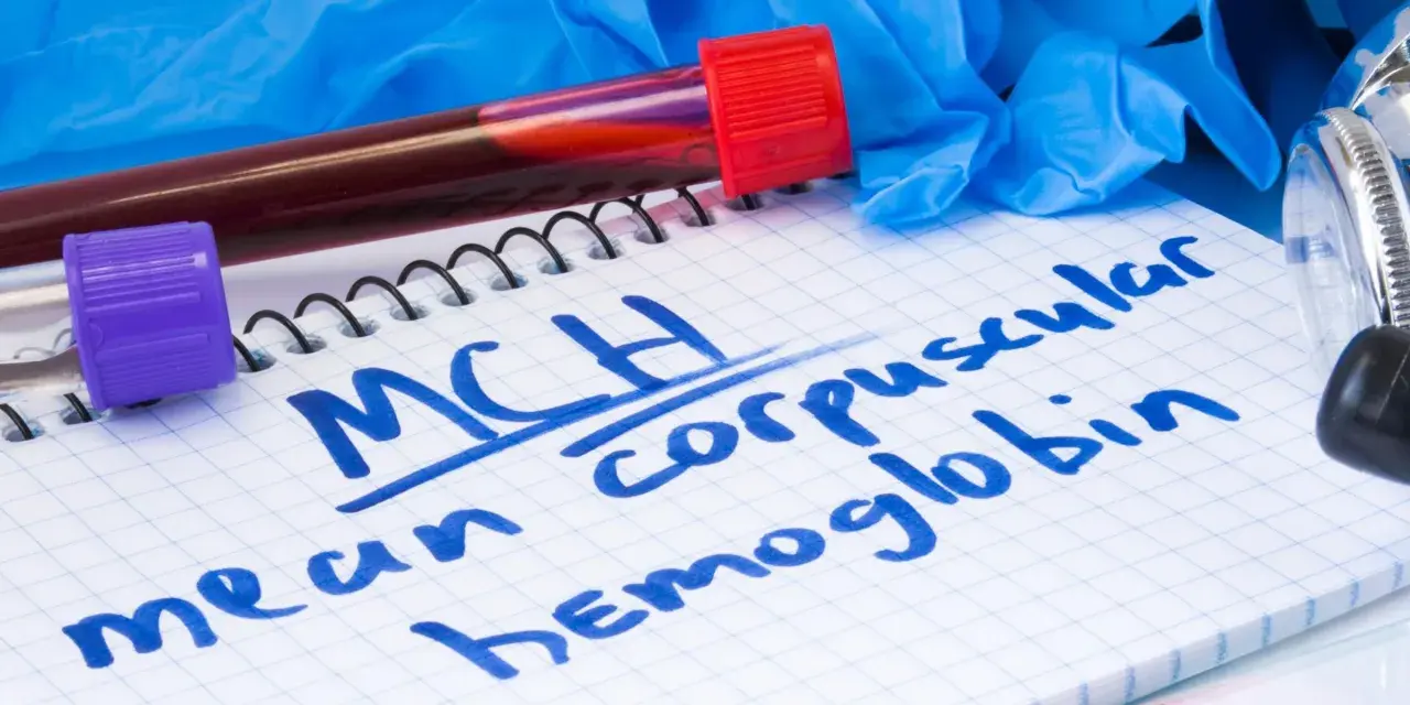 Probówka z krwią, notatnik z napisem "MCH mean corpuscular hemoglobin" i rękawiczki medyczne.