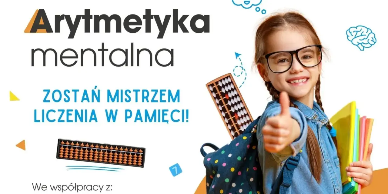 Arytmetyka mentalna: warto rozwijać umiejętności liczenia w pamięci. Uśmiechnięta dziewczynka z kciukiem w górę i liczydłem symbolizuje sukces.