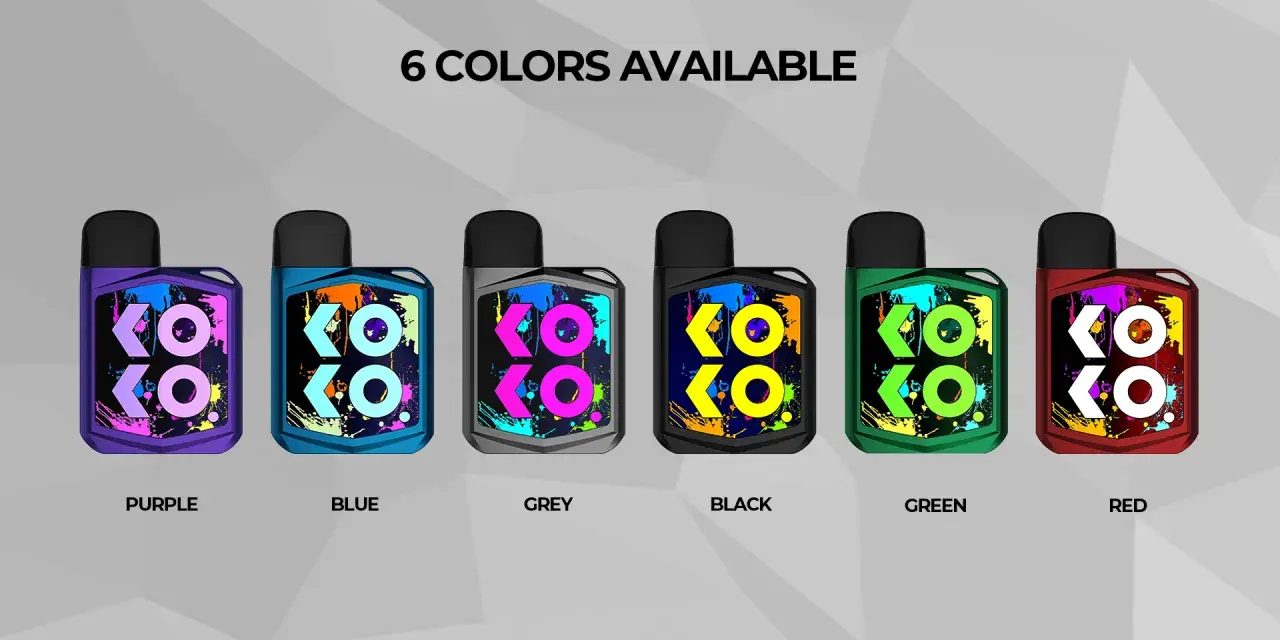 Seis colores vibrantes de Caliburn Koko, cada uno con un diseño de salpicaduras de pintura y el logo KOKO.