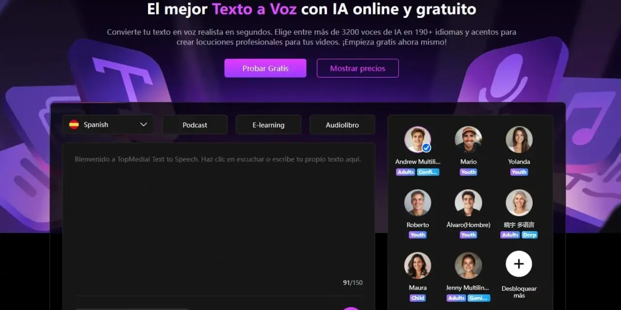 Interfaz de texto a voz con opciones de idioma y género. Elige tu narrador ideal entre varias voces disponibles.