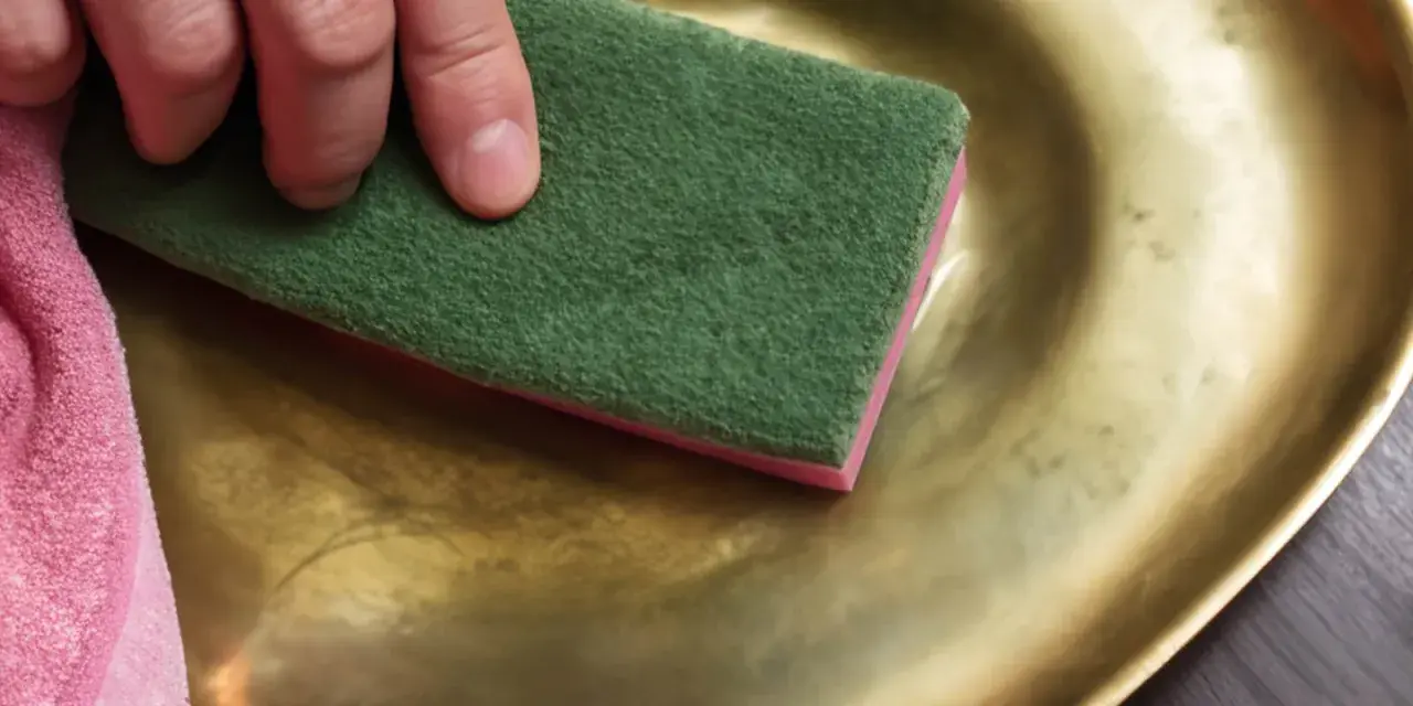 Mano che pulisce un piatto d'ottone con una spugna verde. Scopri come pulire l'ottone fai da te per farlo brillare.
