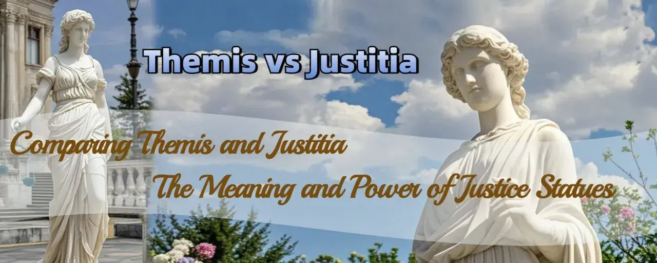 Dwie rzeźby bogini sprawiedliwości, Themis i Justitii, porównane na tle nieba.
