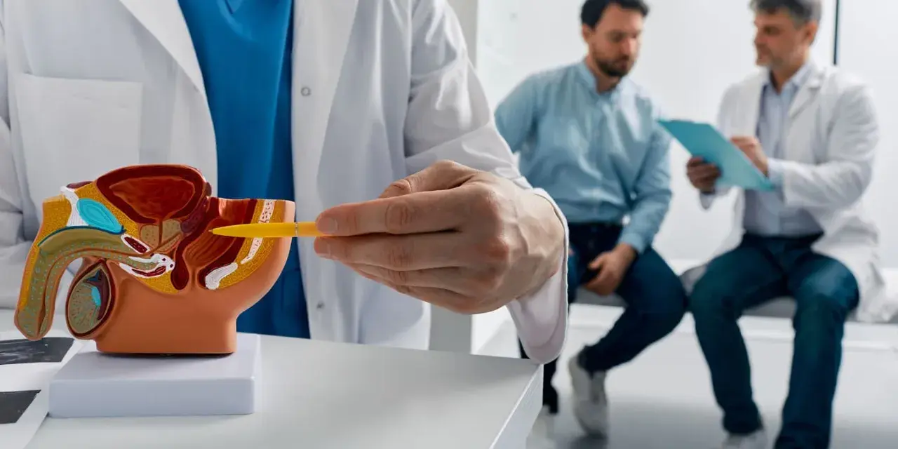 Lekarz omawia z pacjentem model układu moczowo-płciowego, wskazując na obszar prostaty. Rozmowa dotyczy potencjalnych objawów raka prostaty.