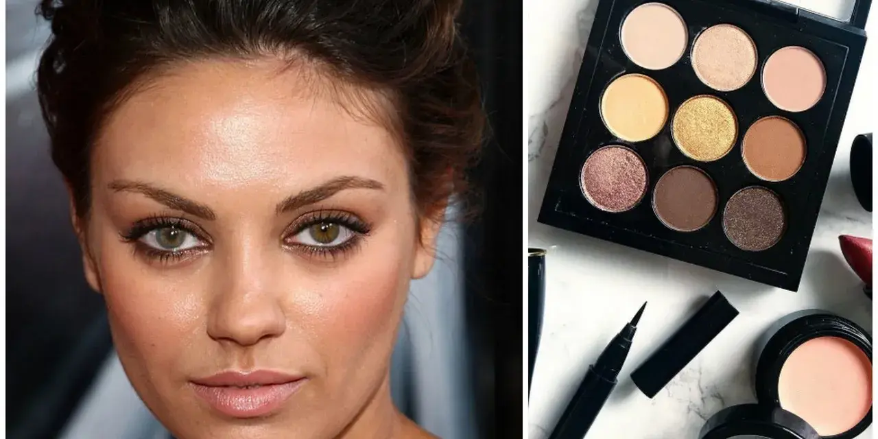 Makijaż do zielonych oczu: brązowe i złote cienie podkreślają tęczówki. Paleta z dziewięcioma kolorami, eyeliner i róż.
