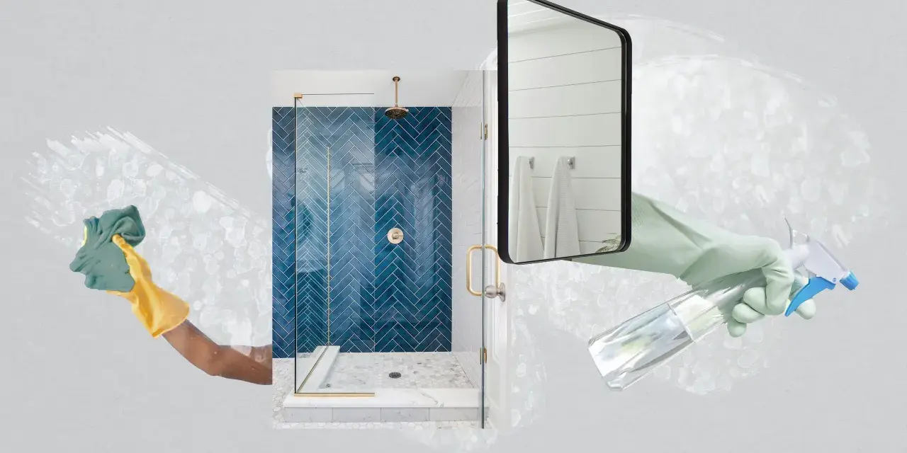 Hands in gloves spray and wipe a shower, demonstrating how to clean shower glass for a sparkling finish.
