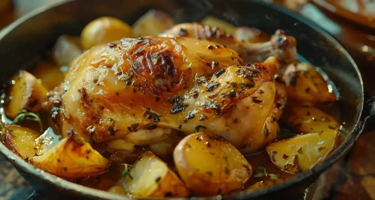Un plat appétissant de cuisse de poulet Cookeo, doré et savoureux, entouré de pommes de terre rôties et d'herbes aromatiques.