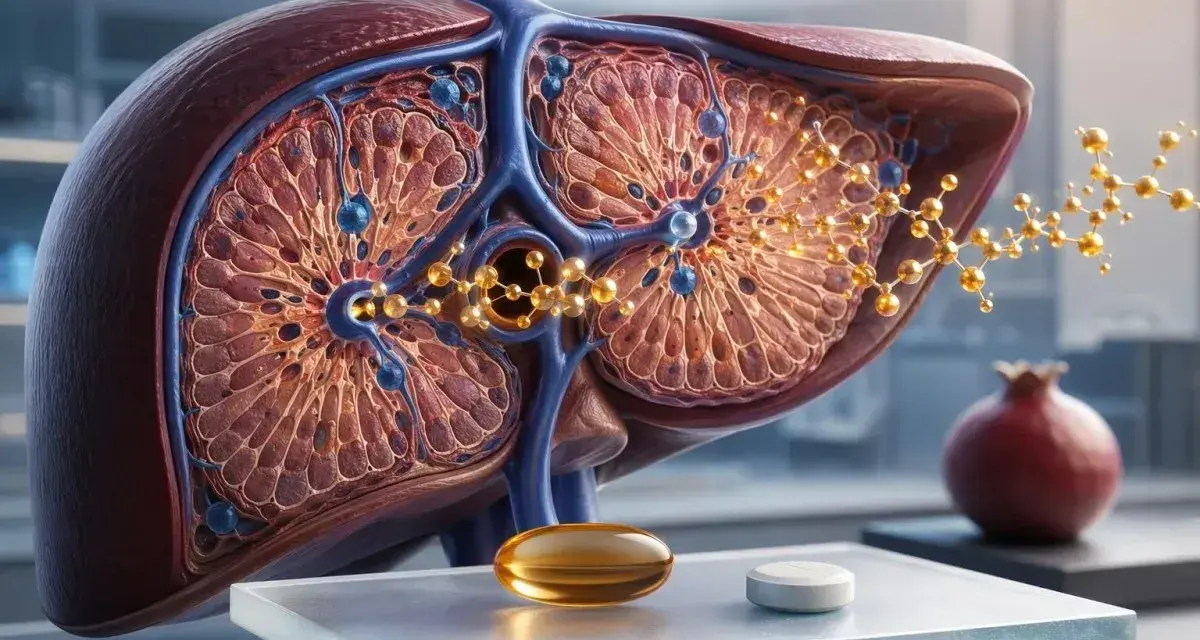 Detaljerad bild av en lever med molekylära strukturer. En kapsel och en tablett syns framför, vilket kan associeras med vitamin B6 biverkningar.