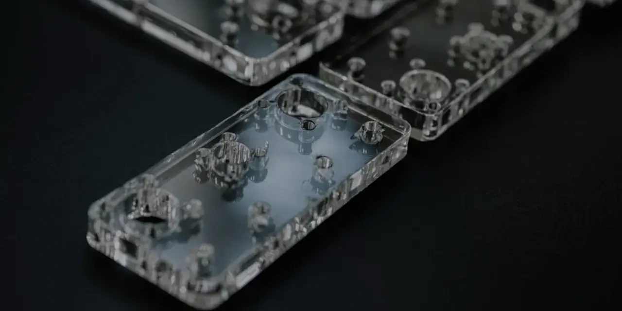 Rows of clear acrylic phone cases, showcasing their intricate internal designs and precise cuts, are laid out on a dark surface.