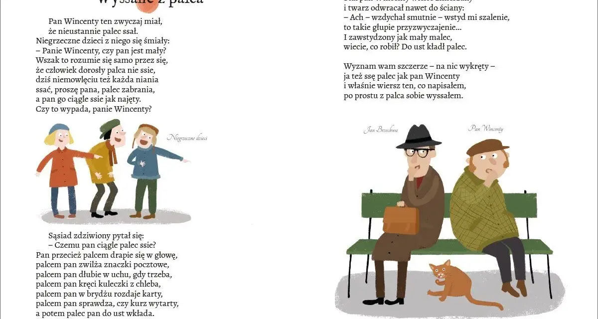 Ilustracja do wiersza "Wysssane z palca". Dzieci śmieją się z pana, który ssie palec. Na drugiej stronie pan Wincenty i pan Brzechwa siedzą na ławce z kotem.
