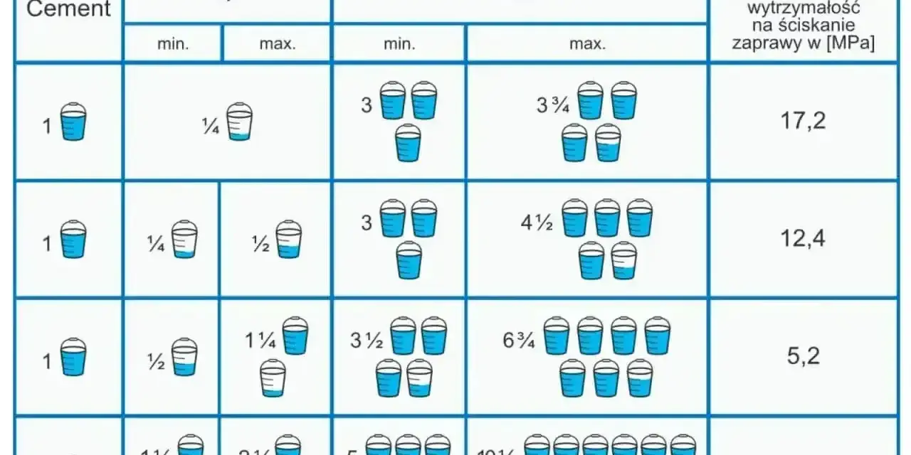 Tabela pokazuje, jak zrobić zaprawę murarską, podając proporcje cementu, wapna i piasku w wiaderkach dla różnych wytrzymałości zaprawy.