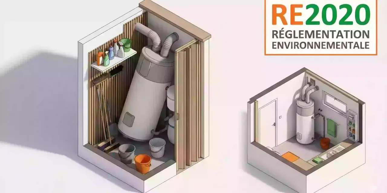 Le chauffe-eau thermodynamique, un avantage RE2020, est installé dans une pièce propre et fonctionnelle, contrastant avec un espace de rangement encombré.