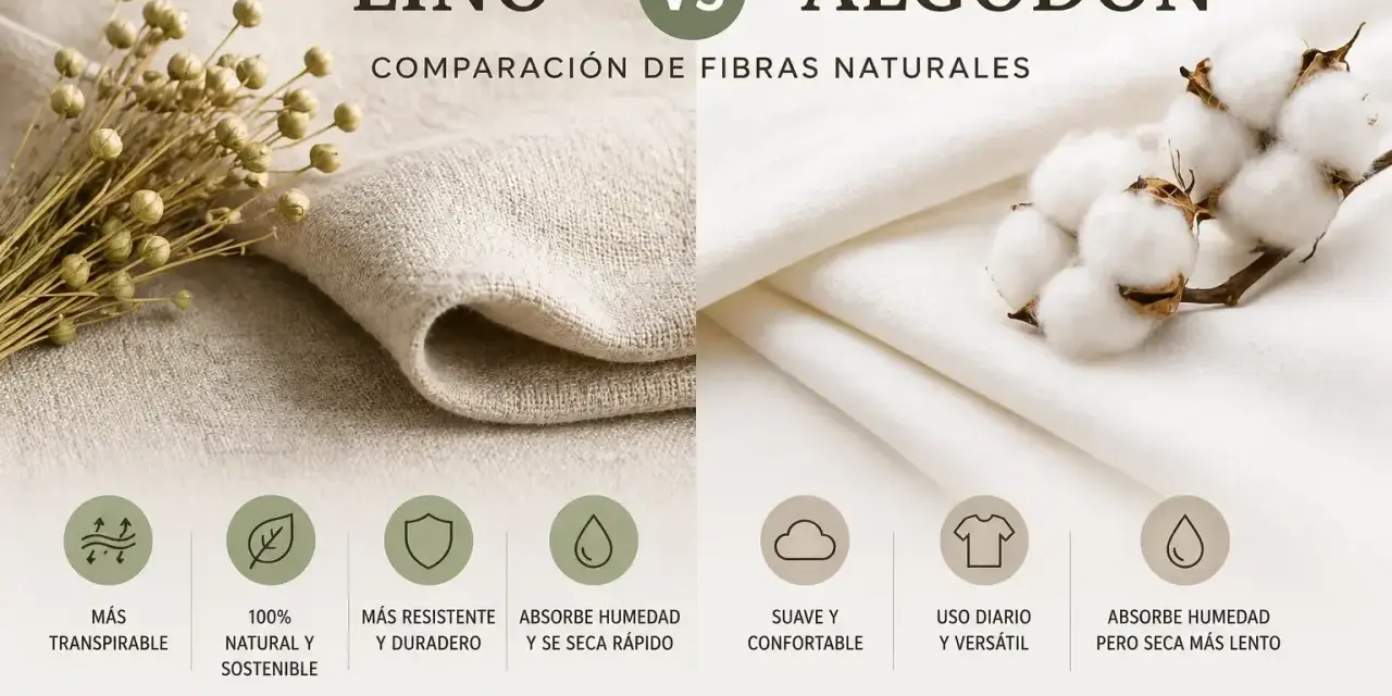 Comparación de lino y algodón. El lino, con sus semillas, es más transpirable y duradero. El algodón, con sus borlas, es suave y versátil.