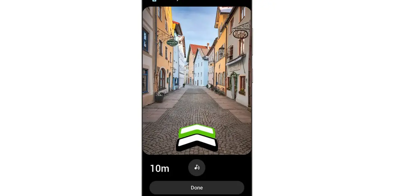 Auf dem Bildschirm eines Galaxy Note20 Ultra wird eine Gasse mit bunten Häusern gezeigt. Ein Pfeil weist auf "smart things find" hin, 10m entfernt.