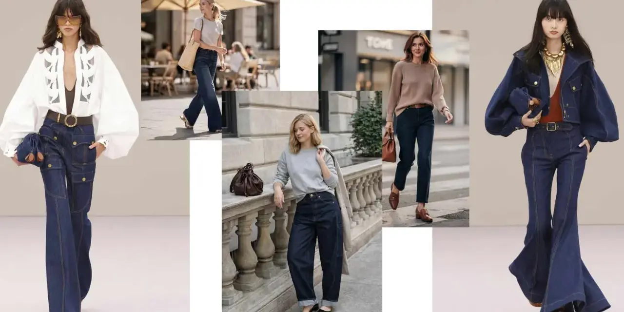 Różnorodne stylizacje z jeansami: od szerokich nogawek i bojówek po dopasowane modele. Denim w roli głównej.