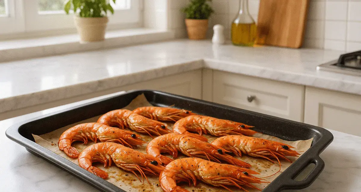 Gambones al horno listos para servir, con un toque de especias y aceite de oliva, sobre una bandeja en una cocina luminosa.