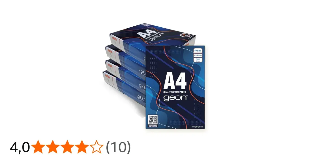 Paquetes de papel A4 Geon. Cada folio pesa 80 gramos, ideal para tu oficina.