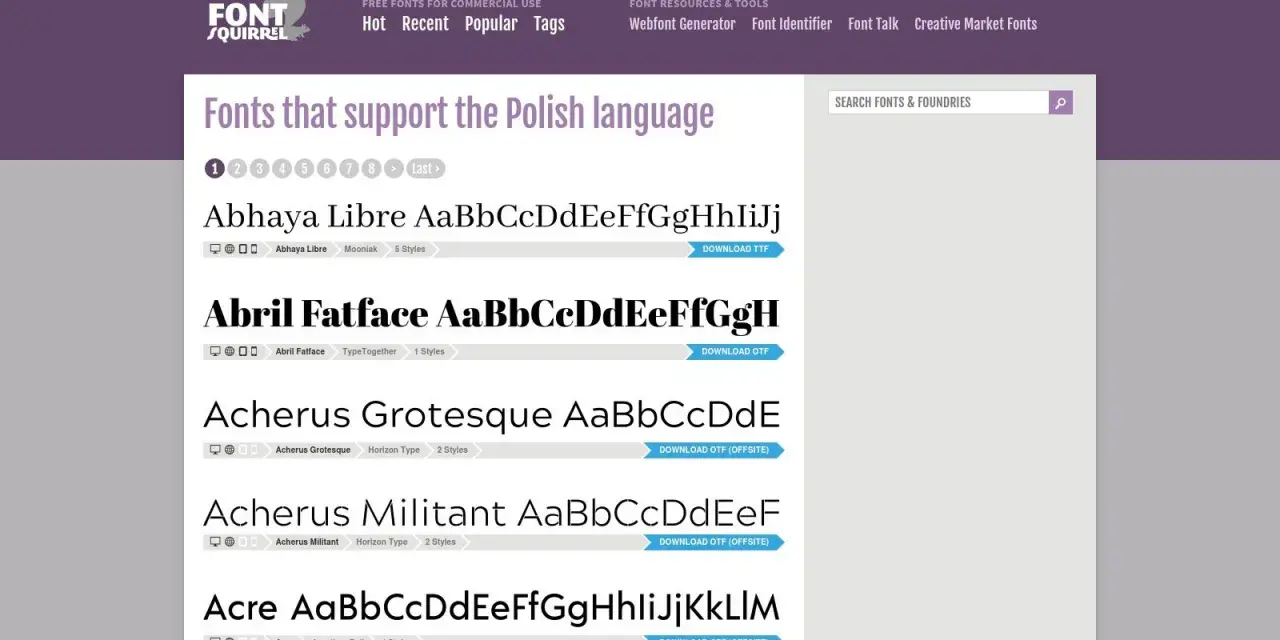 Strona Font Squirrel prezentuje czcionki z polskimi znakami, takie jak Abhaya Libre, Abril Fatface i Acherus.