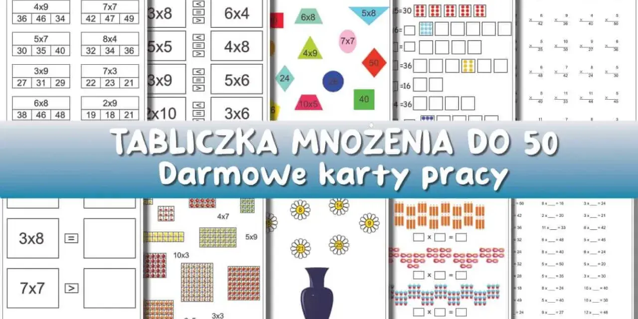 Karty pracy z tabliczką mnożenia do 40, zawierające przykłady i ćwiczenia z mnożenia.