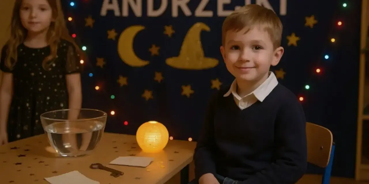 Chłopiec w sweterku i dziewczynka w sukience z gwiazdkami czekają na wróżby. Idealny strój na andrzejki to coś magicznego!