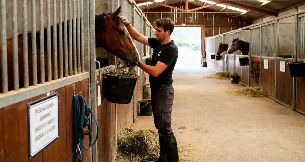 Un palefrenier donne à manger à un cheval dans son box. Le jeune homme, en tenue d'équitation, caresse l'animal tout en remplissant son seau de foin.