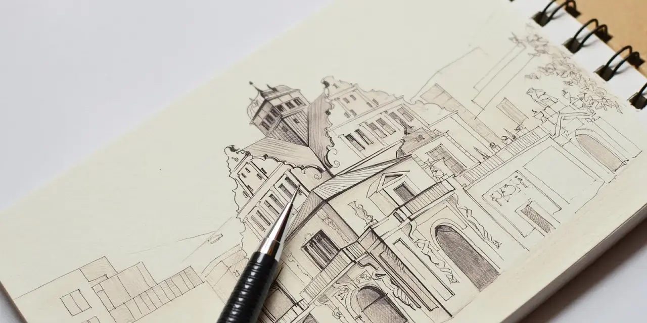 Szkice ołówkiem galeria: rysunek architektoniczny zabytkowych budynków z detalami i cieniowaniem, obok leży ołówek.