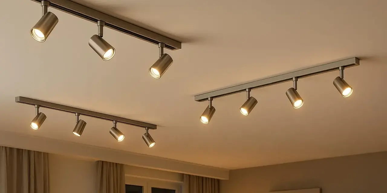 Sistemas de rieles con varios focos dirigibles, mostrando diferentes tipos de focos para techo, ideales para iluminar espacios.