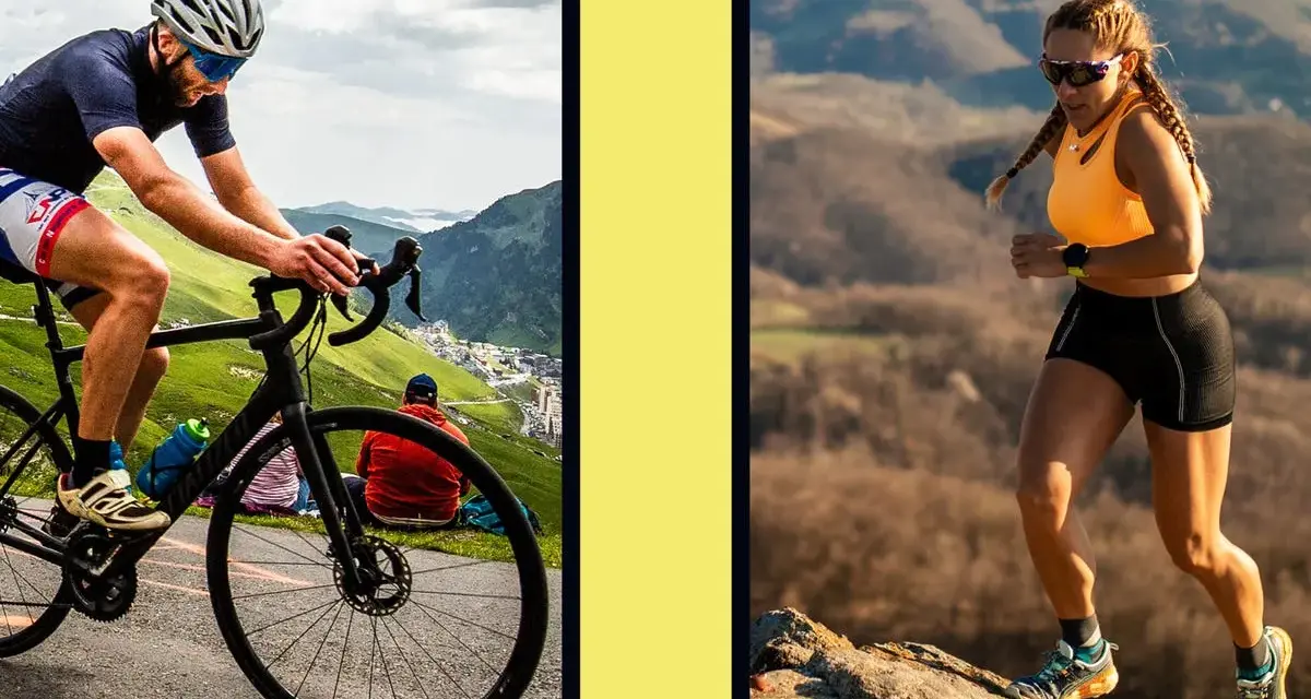 A cyclist's powerful legs power up a mountain road, contrasting with a runner's strong legs on a rocky trail.