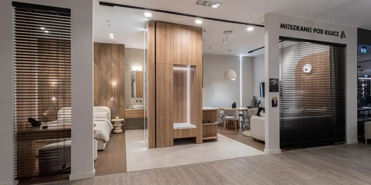 Nowoczesne mieszkanie pod klucz: sypialnia, łazienka i salon z jadalnią. Drewniane akcenty i minimalistyczny design.