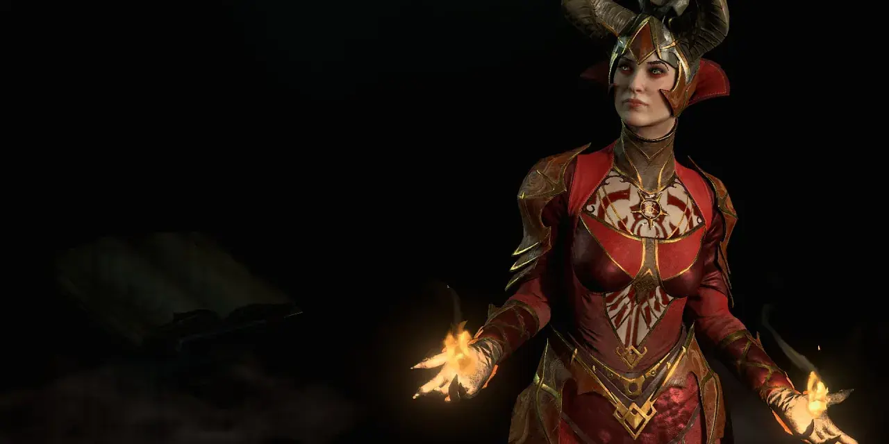 Hechicera con cuernos y armadura roja, lanzando fuego. Un libro antiguo flota cerca. build hechicero diablo 4.