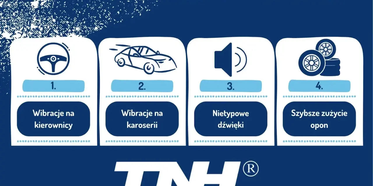 Objawy konieczności wyważenia kół: wibracje kierownicy, karoserii, nietypowe dźwięki, szybsze zużycie opon.