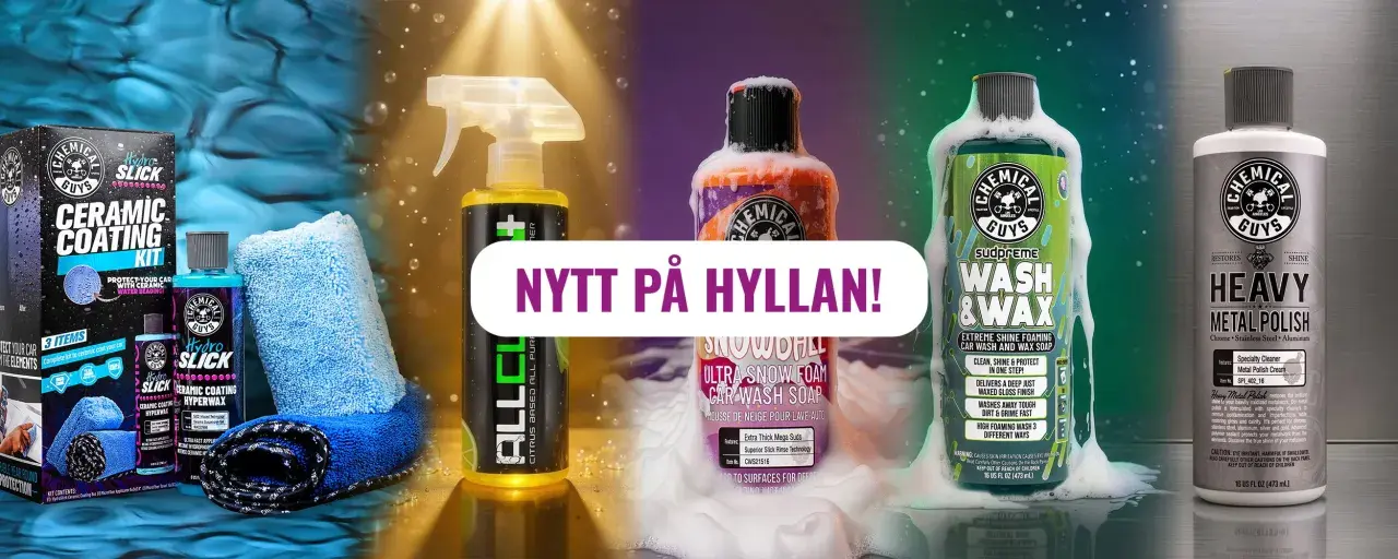 Chemical Guys-produkter för bilvård: Ceramic Coating Kit, Snowball Ultra Snow Foam, Wash & Wax och Heavy Metal Polish. Nytt på hyllan!