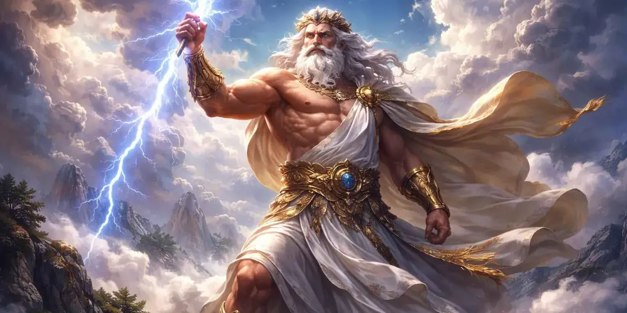 Zeus bóg gromowładny, z błyskawicą w dłoni, w chmurach nad górami.