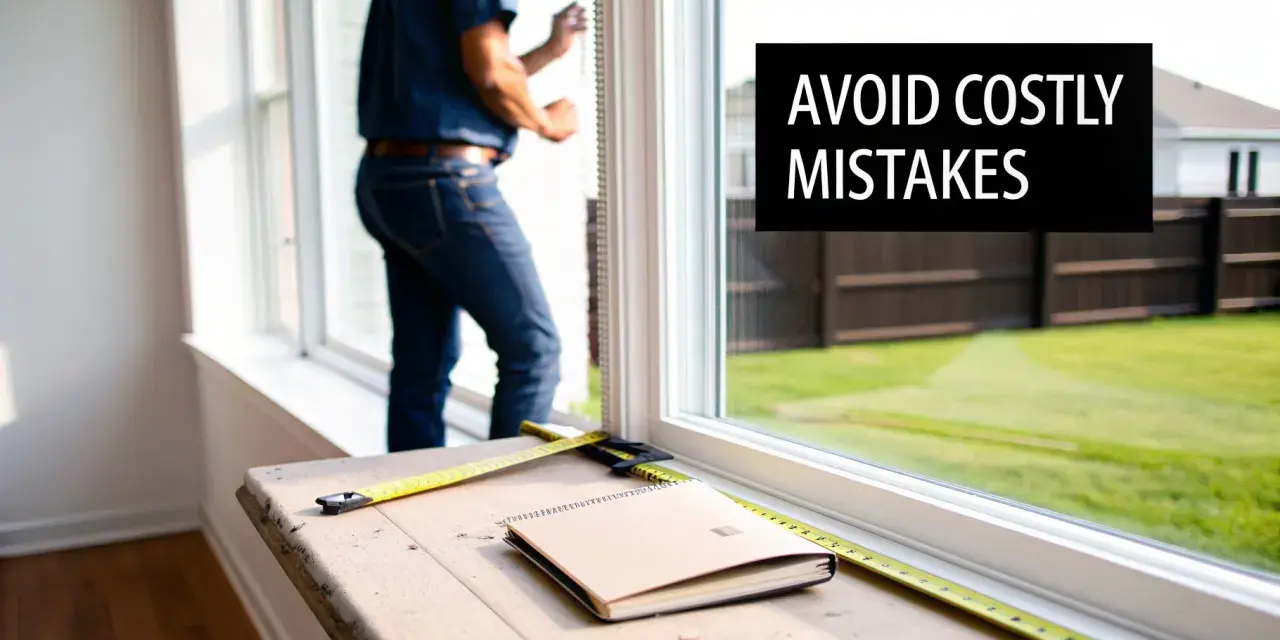 A person is shown learning how to measure a window, with a tape measure and notebook on the sill. "Avoid Costly Mistakes" is overlaid.