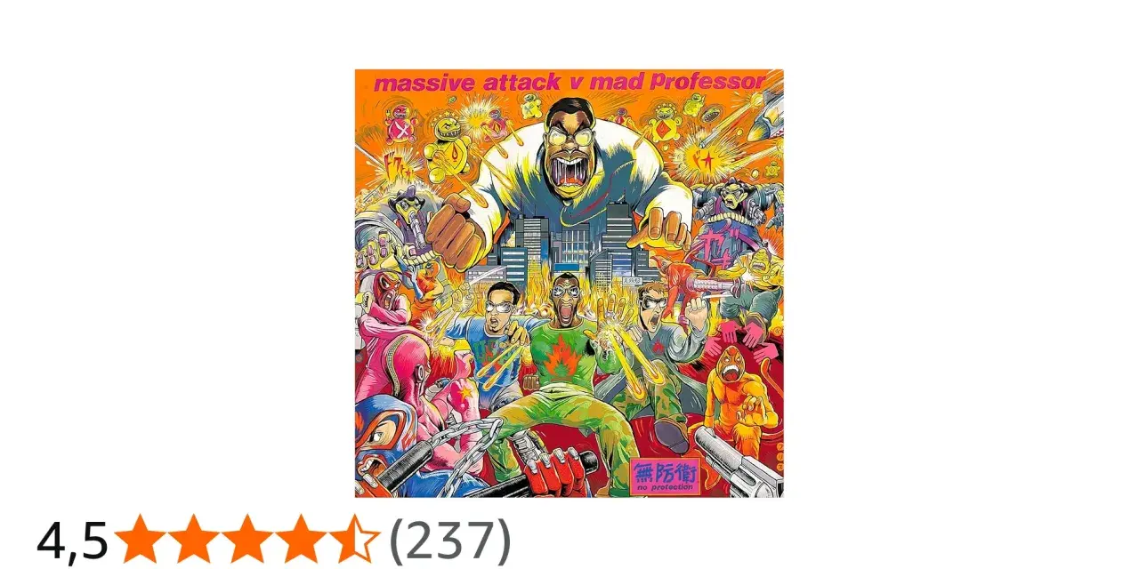 Pochette de l'album Massive Attack v Mad Professor, "No Protection", avec des personnages colorés et explosifs.