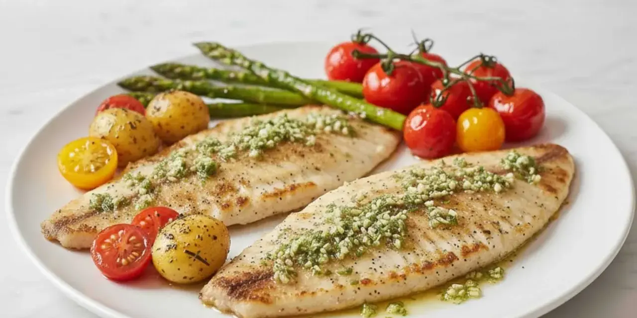 Dos filetes de merluza a la plancha con hierbas, acompañados de patatas pequeñas, tomates cherry y espárragos.