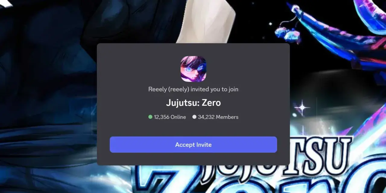 Invitación a "Jujutsu: Zero" en Discord, con 12,356 usuarios en línea y 34,232 miembros. ¡Únete a la comunidad de Jujutsu Kaisen!