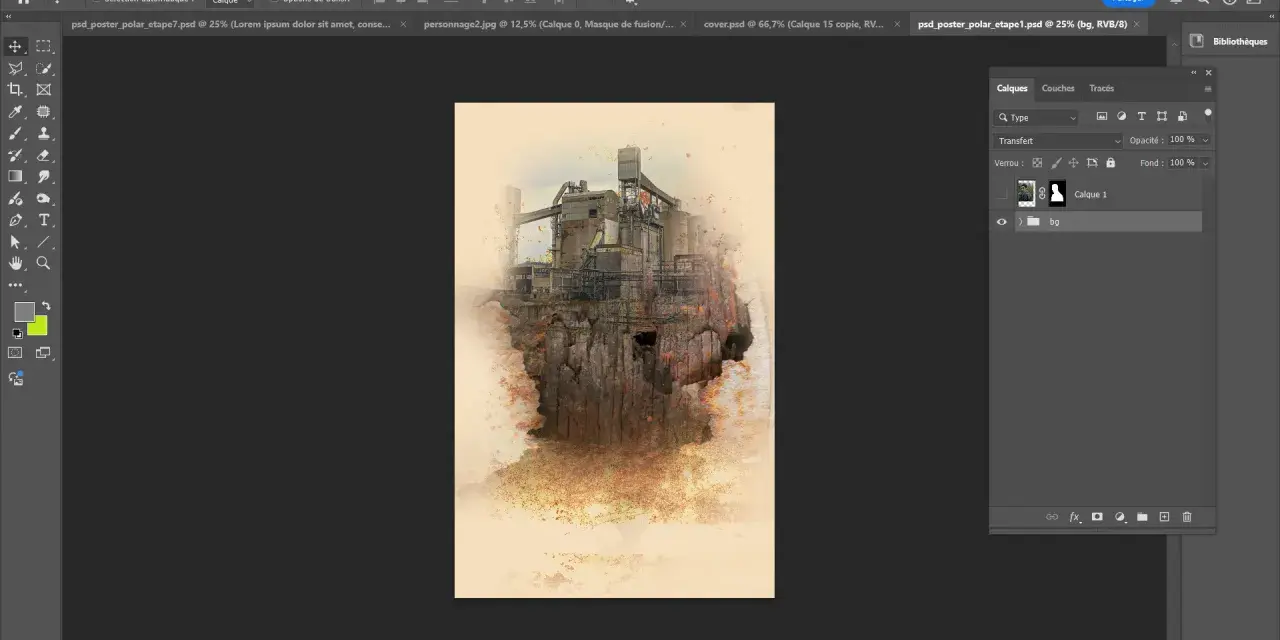 Affiche film photoshop : usine sur falaise, style aquarelle, ambiance industrielle et mystérieuse.