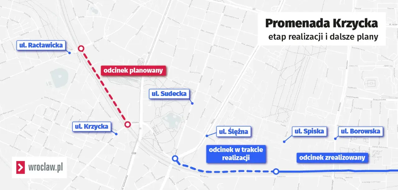Mapa przedstawia etapy realizacji i plany Promenady Krzyckiej, z zaznaczonymi odcinkami planowanymi, w trakcie realizacji i zrealizowanymi.