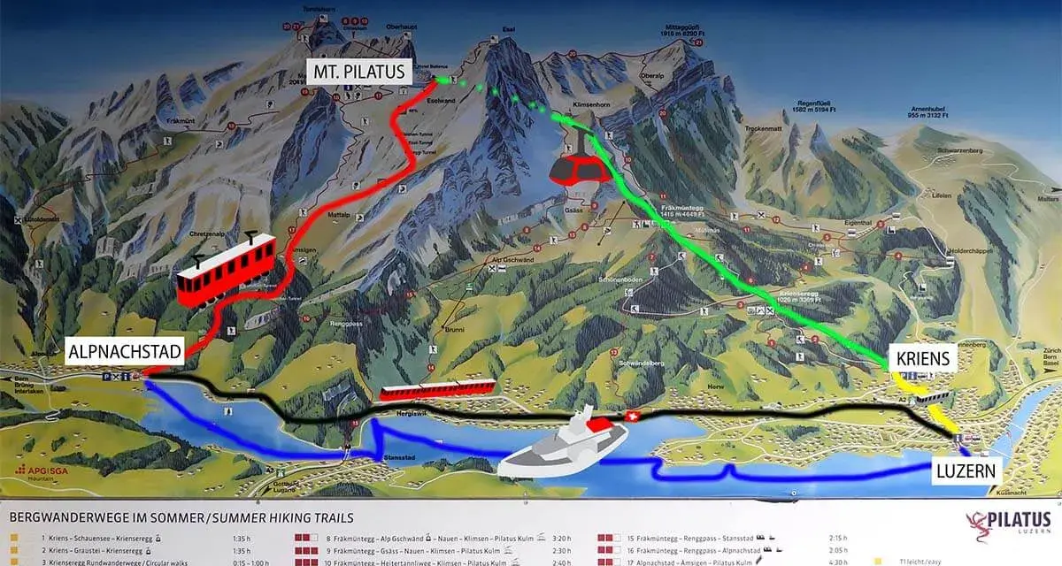 Map showing how to get to Mt. Pilatus from Lucerne. Routes include cogwheel train from Alpnachstad and cable car from Kriens.